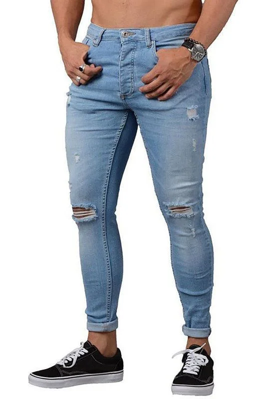 Cropped Jeans for Summer Look -Men Frayed Slim Fit Jeans