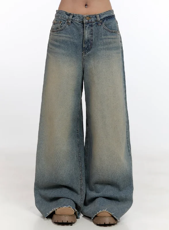 Frayed Hem Jeans for Edgy -Felicia Cotton Wide Fit Baggy Jeans CN425