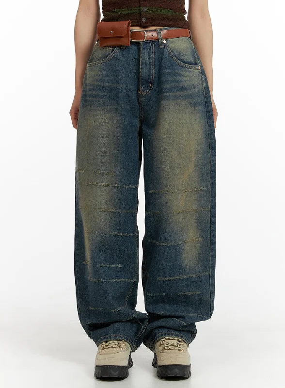 Raw Hem Jeans for Trendy -Scratch Textured Baggy Jeans CM405