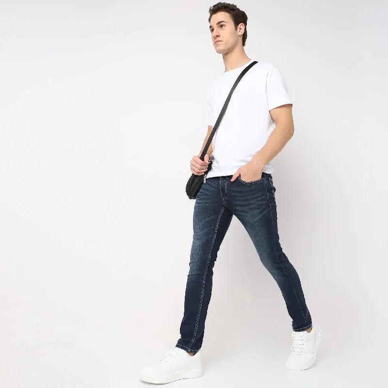 Relaxed Jeans for Comfortable -Union of Denim® - Original Dark Indigo Slim Crop Fit Clasic Pre-Rinsed 3D Whiskers Jeans with E-fast® Stretch