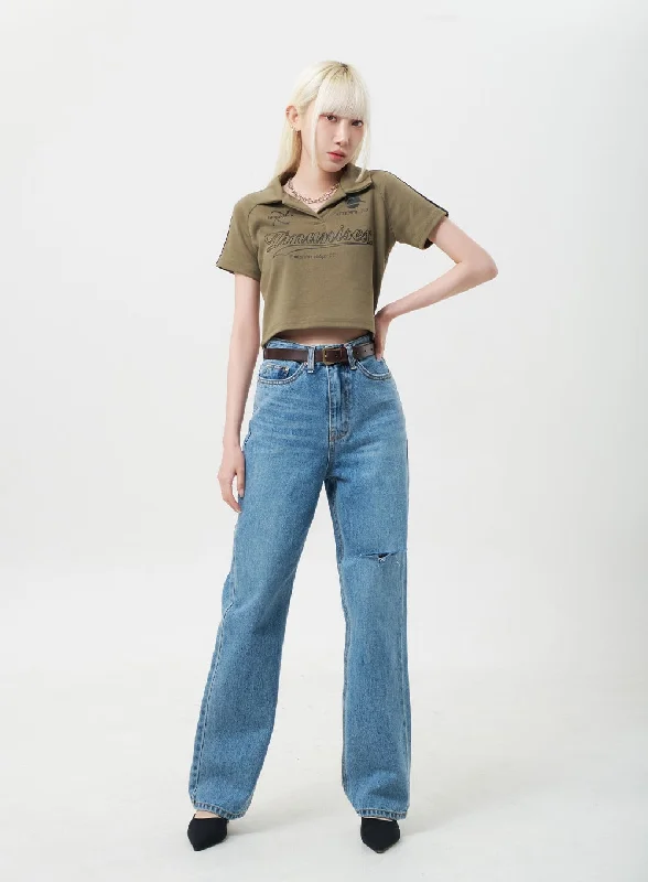 Jean Skirts for Feminine -Mid-Wash Ripped Jeans BY331