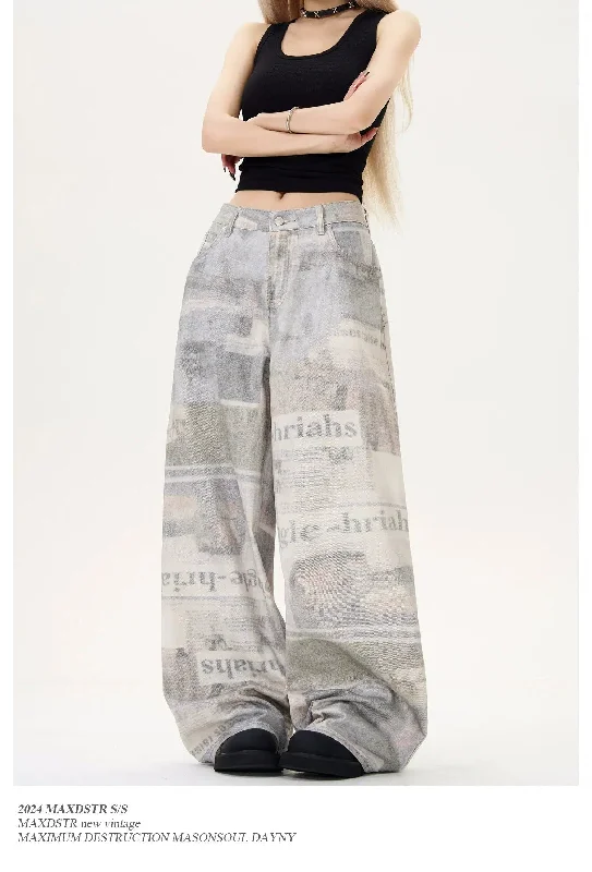 Branded Jeans for Quality -Newspaper Full-Print Baggy Jeans