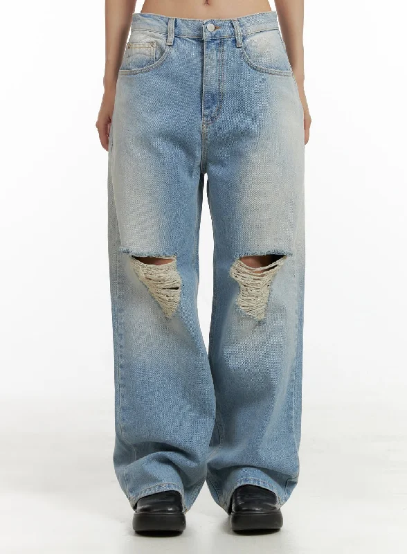 Straight Jeans for Classic Style -Urban Washed Ripped Baggy Jeans CU405