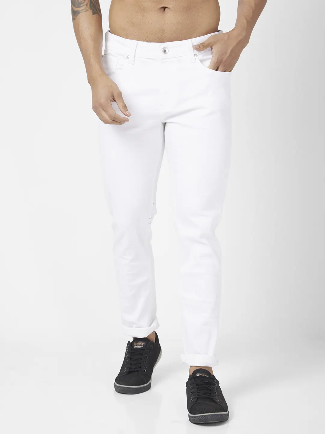 Boyfriend Jeans for Relaxed -Spykar Men White Cotton Stretch Slim Fit Narrow Length Clean Look Low Rise Jeans (Skinny)