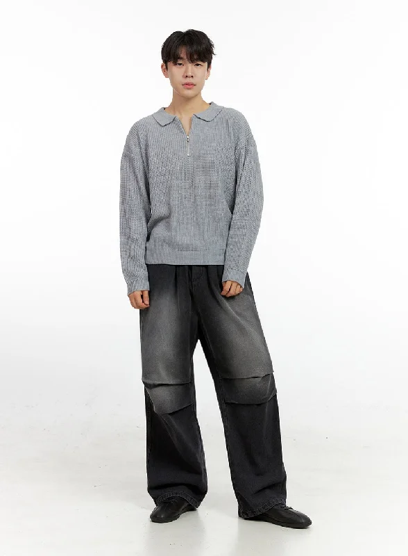 Cropped Jeans for Summer Look -Men's Vintage Pintuck Wide Leg Jeans IN422