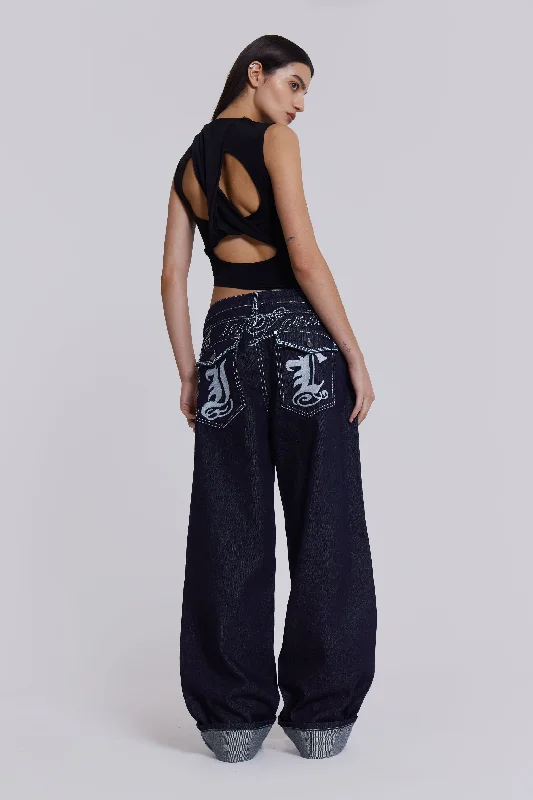 Holiday Jeans for Festive -Sonic Embroidered Baggy Jeans In Indigo