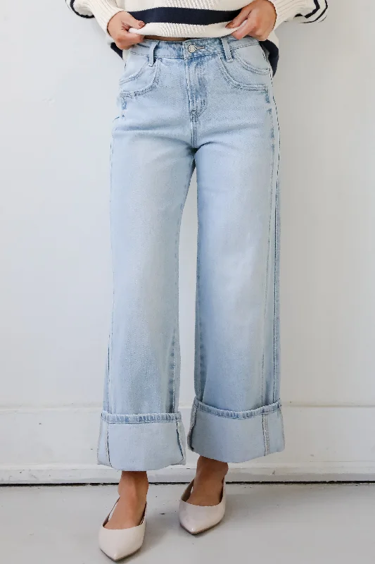 Party Jeans for Night Out -Kris Light Wash Super High Rise Cuffed Baggy Jeans