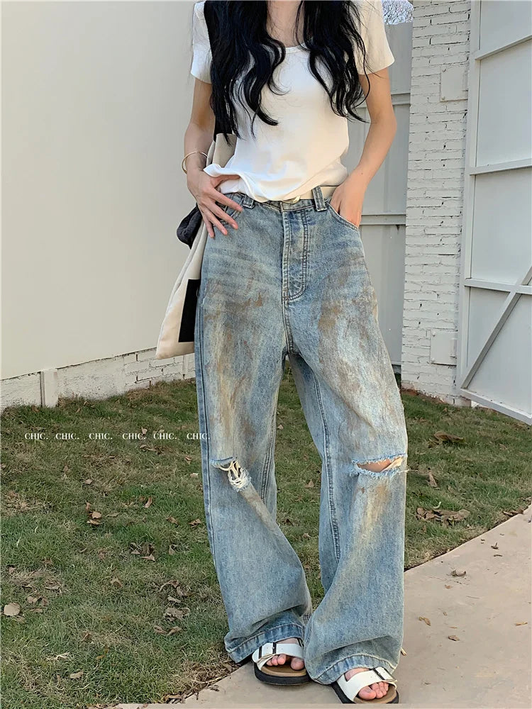 Affordable Jeans for Budget -Y2K Retro Ripped Straight Leg High Waist Jeans