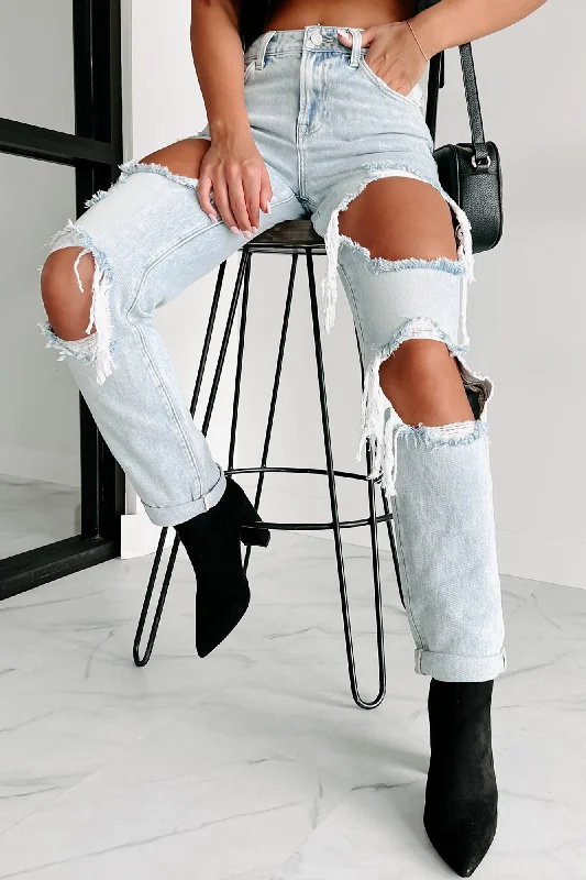 Blue Jeans for Everyday Wear -Losing Control High Rise Ripped Baggy Jeans (Light)