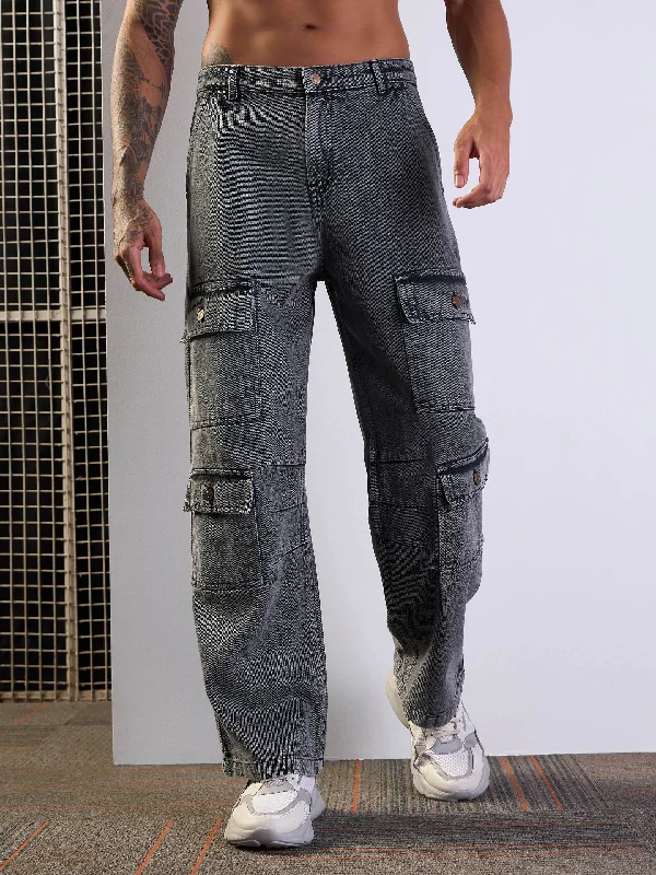 Work Jeans for Tough Jobs -Men Grey Washed Multi Pocket Baggy Jeans