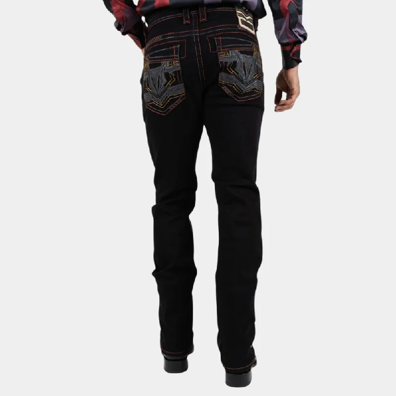 Painted Back Pocket Jeans for Artistic -Platini Fashion Men's Holt Black Slim Boot Cut Jeans