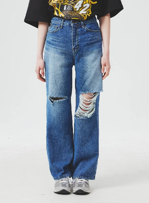 Distressed Jeans for Edgy Style -Ripped Knee Blue Jeans BA307