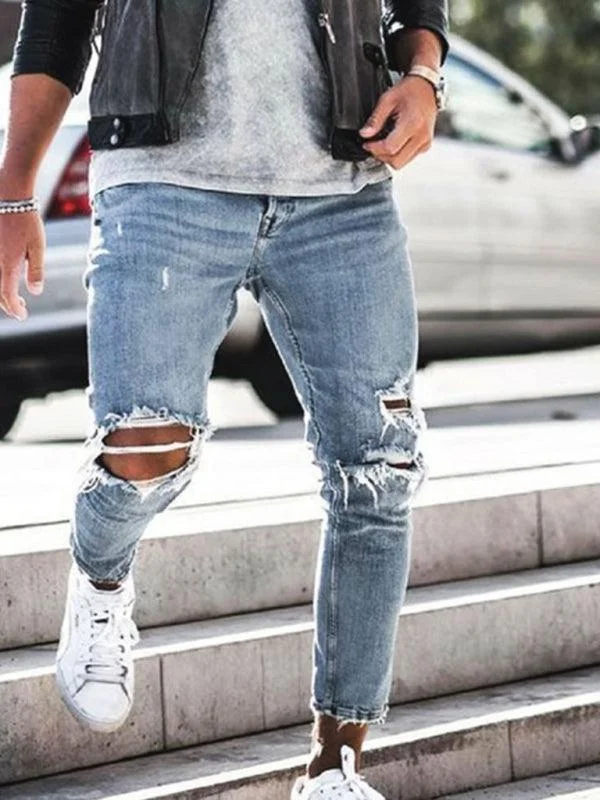 Embroidered Jeans for Detail -Men Destroyed Pencil Jeans