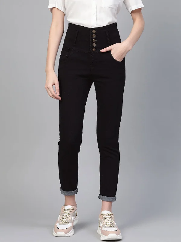 Hunting Jeans for Woods -Black Metal Button High Waist Jeans