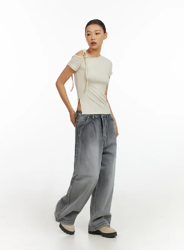 Holiday Jeans for Festive -Pintuck Washed Cotton Baggy Jeans IL409