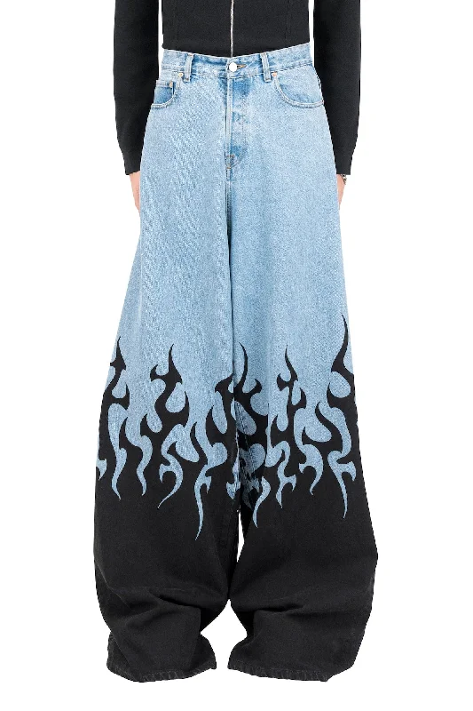 Bootcut Jeans for Flattering -Vetements Flame Print Baggy Jeans in Light Blue