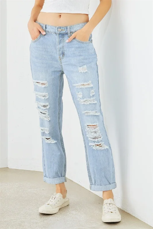 Ripped Jeans for Trendy Look -Light Blue Denim Cotton Ripped High Waist Jeans