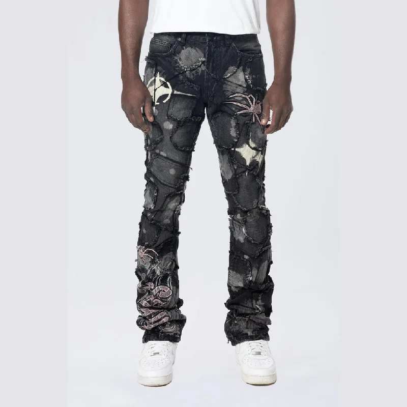 Cycling Jeans for Biking -Baggy Stacked Flared Patchwork Jeans - Nickel Black