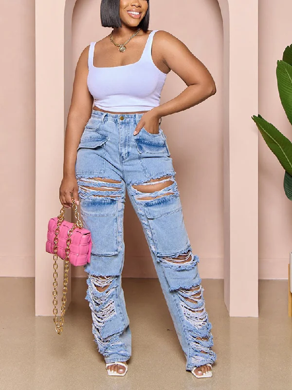 Office Jeans for Professional -Ripped Pocket High Waist Jeans