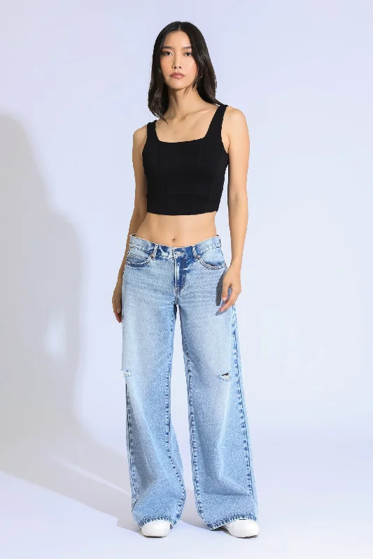 Ripped Jeans for Trendy Look -ASHLEY CLASSIC LOW RISE A-LINE BAGGY JEANS - LIGHT BLUE/BLACK