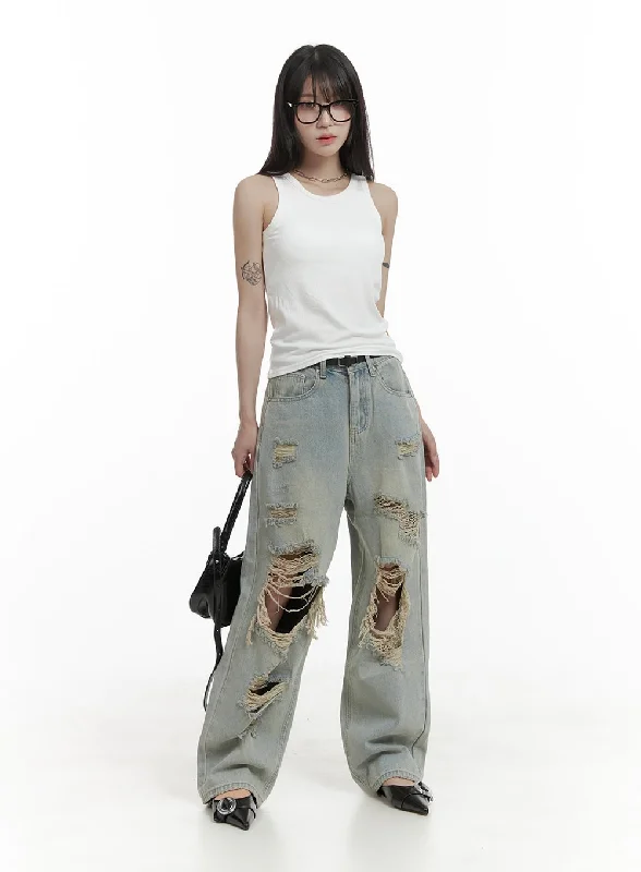 Faded Jeans for Laid-back -Vintage Washed Ripped Baggy Jeans CA426