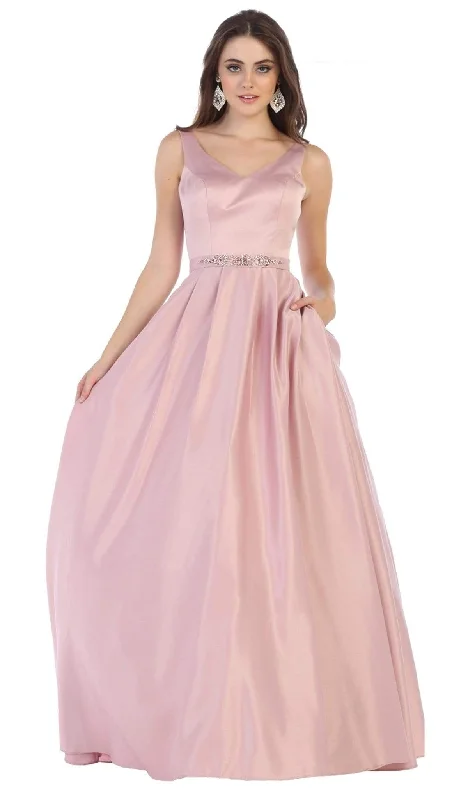 Plus size dresses for parties shine with confidence -May Queen - MQ1595 Sleek V-Neck Adorned Waist A-Line Gown