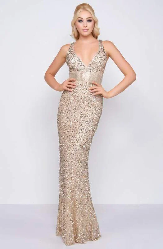 Plus size dresses with sleek fits elongate frames -Mac Duggal - Sequined Plunging V-Neck Sheath Dress 4930L - 1 pc Nude/Gold in Size 12 Available