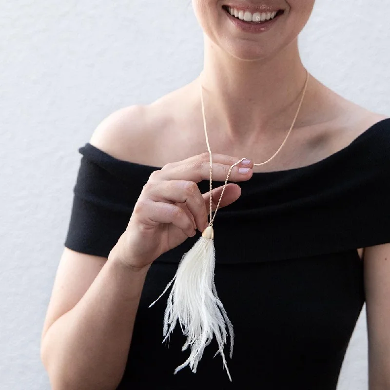 Necklaces and pendants with ocean-inspired designs for a refreshing, beachy feel-Feather Tassel Pendant Long Necklace White