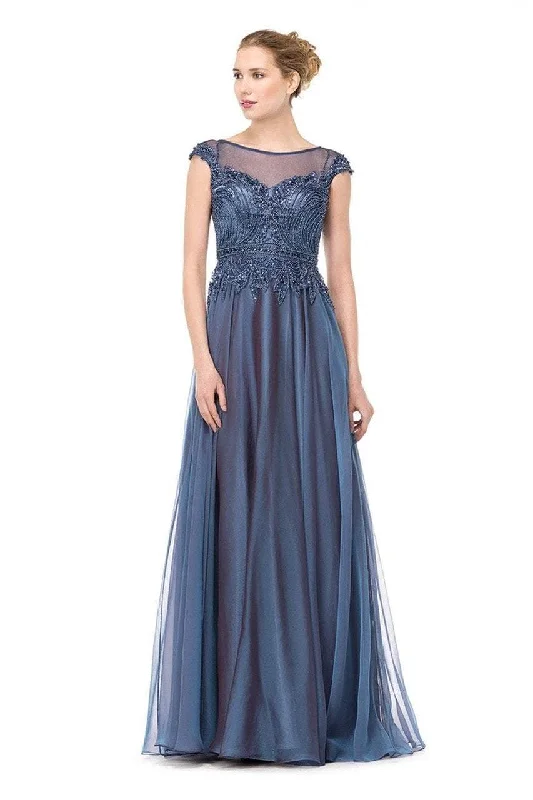 Plus size dresses featuring satin finishes feel smooth -Marsoni by Colors Beaded Cap Sleeves A Line Long Dress M166 - 1 pc Slate Blue In Size 20 Available