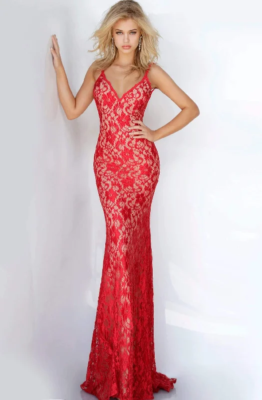 Plus size dresses featuring fuzzy accents are warm -Jovani - 00782 Backless V Neck Allover Lace Fitted Long Dress