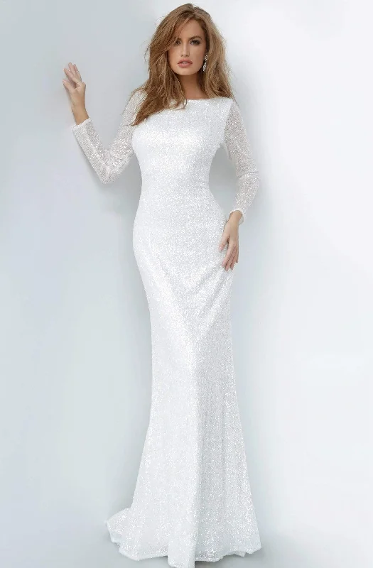 Plus size dresses with side ties cinch nicely -Jovani - 2927 Long Sleeve Bateau Glitter Sheath Dress