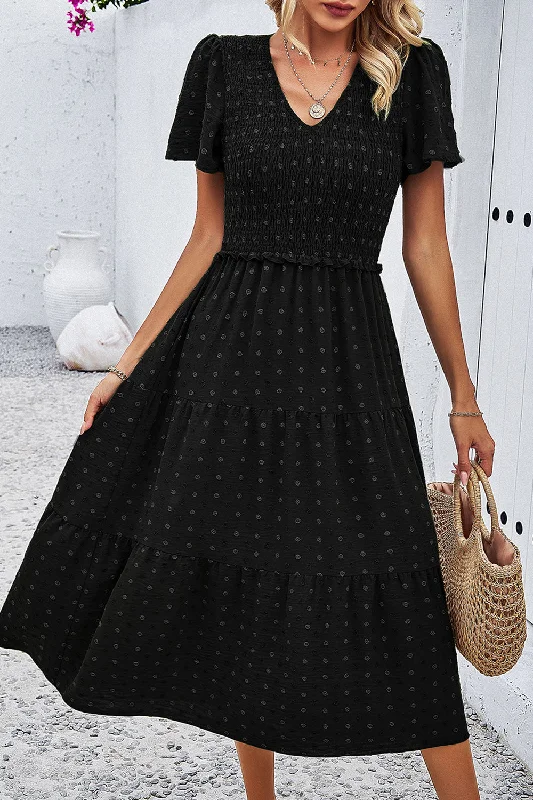 Plus size dresses with breathable layers stay airy -Swiss Dot Short Sleeve Smocked Dress