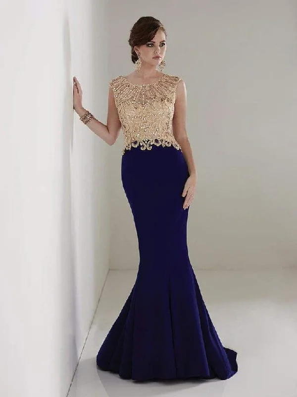 Plus size dresses featuring beaded hems are ornate -Christina Wu Elegance - Beaded Bateau Jersey Mermaid Evening Gown 20208 - 1 pc Navy/Gold in Size 6 Available