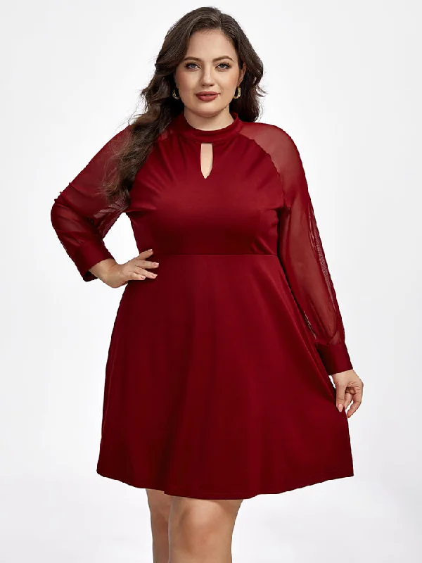 Plus size dresses for casual Fridays stay relaxed -Plus Red Band Collar Mesh Patchwork Dress