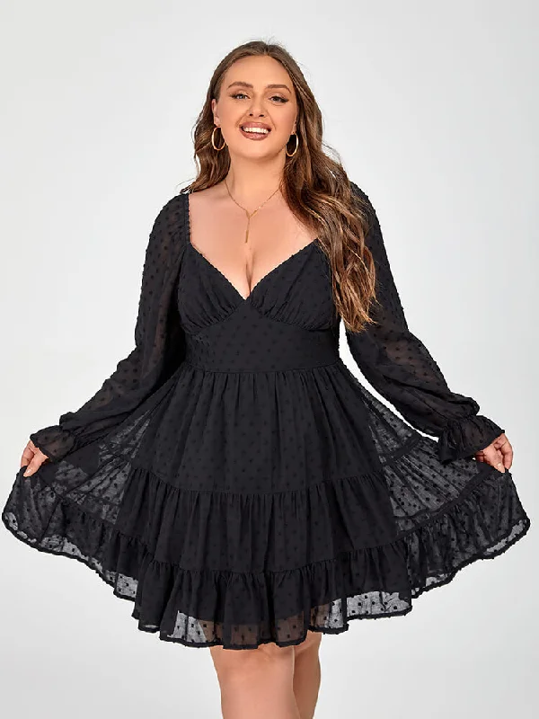 Plus size dresses with simple cuts stay timeless -Plus Black Polka Dot Mesh Patchwork Flounce Sleeve Dress