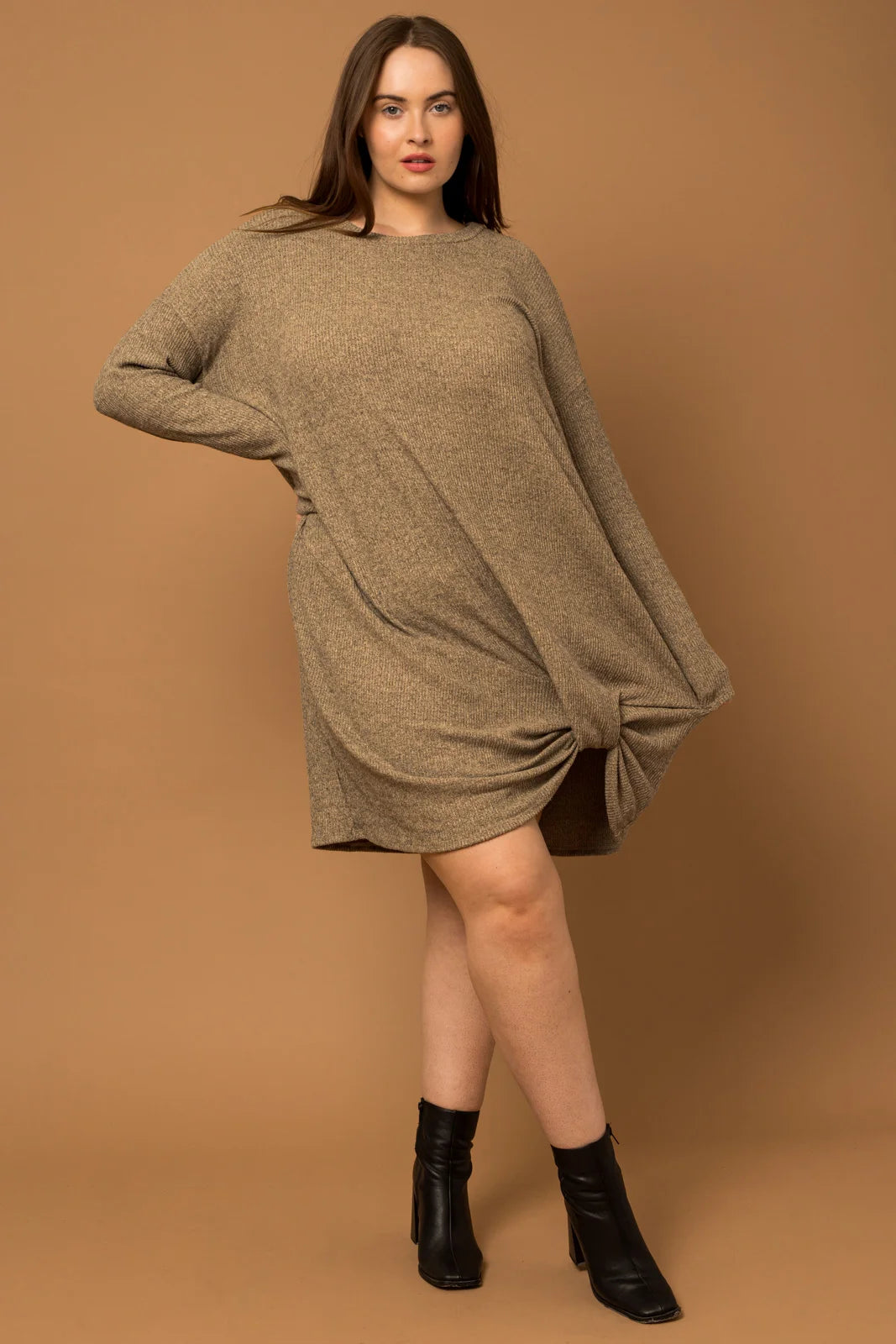 Plus size dresses with fit-and-flare shapes flatter -Plus Size Twisted Ribbed Long Sleeve Dress