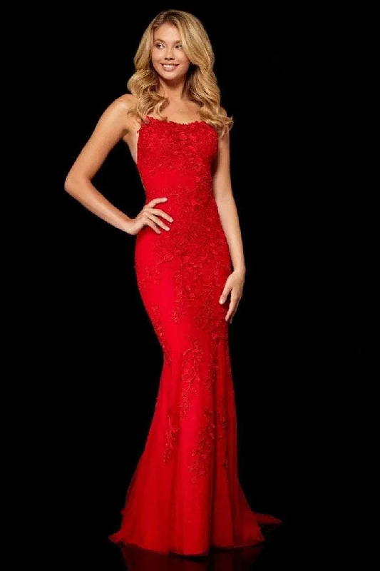 Plus size dresses with A-line cuts flatter curves -Sherri Hill - Scoop Lace Appliqued Prom Dress 52338