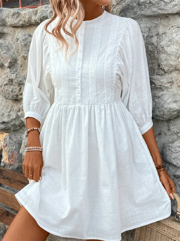 Plus size dresses with soft linings pamper skin -Lace Detail Half Button Three-Quarter Sleeve Dress