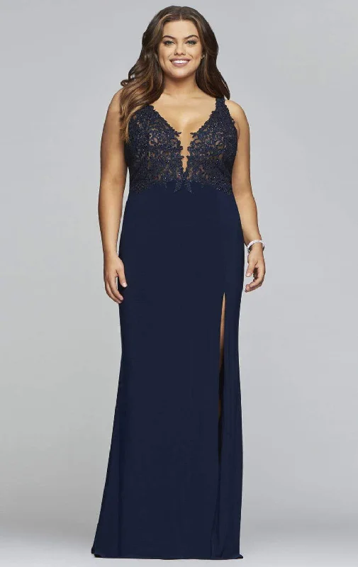 Plus size dresses with matte finishes stay subtle -Faviana - Lace Applique V-Neck Jersey Sheath Dress 9463 - 2 pcs Navy In Size 18W Available