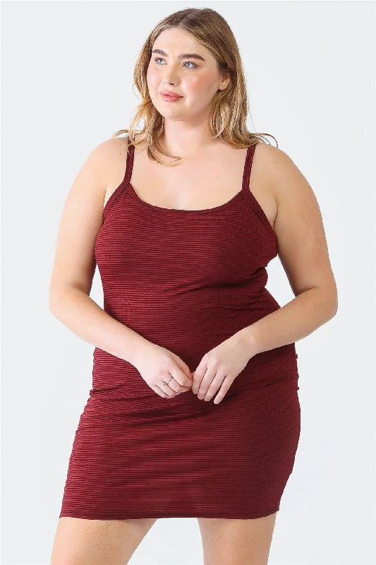 Plus size dresses with scoop necklines feel classic -Plus Size Burgundy Stripe Print Mini Dress