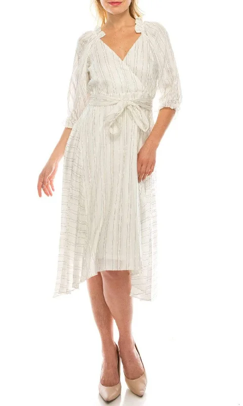 Plus size dresses for evening wear glow softly -Maison Tara - 91053M Tea Length Pinstripe Print A-Line Dress