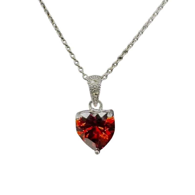 Necklaces and pendants with diamond pendants for a luxurious sparkling effect-Heart Garnet CZ Marcasite Necklace Sterling Silver Unbranded