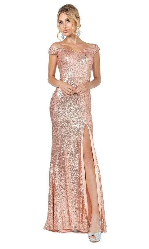 Plus size dresses featuring sequined tops glitter bright -Dancing Queen - 4139 Off Shoulder Full Sequin Fitted Gown