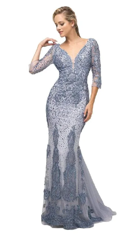 Plus size dresses with fit-and-flare shapes flatter -Cinderella Divine - 6481 Quarter Length Sleeves Beaded Lace V Neck Mermaid Gown