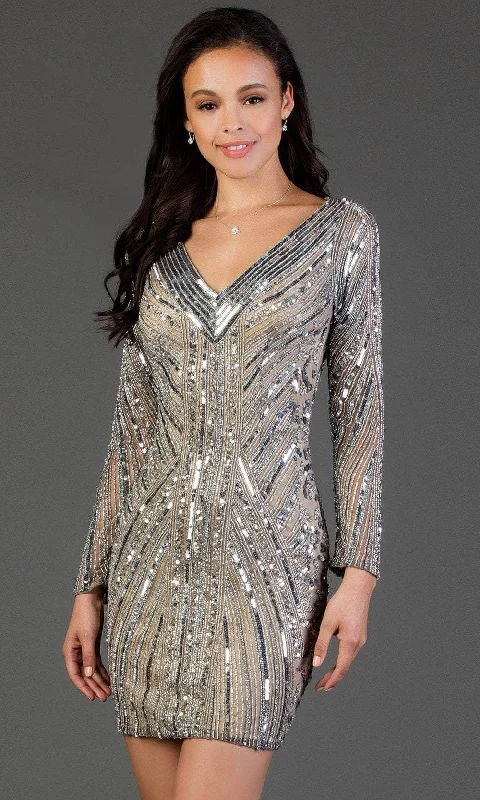 Plus size dresses for bold outfits match well -SCALA - Sequined Long Sleeve V-neck Sheath Dress 60056 - 1 pc Lead/Sil In Size 12 Available