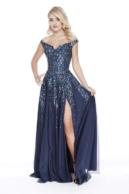 Plus size dresses with playful details add charm -Shail K - Off Shoulder Sequin Embellished High Slit Prom Dress 12202 - Navy in Size 2 Available