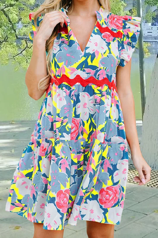 Plus size dresses with bright hues feel lively -Ruffled Printed Cap Sleeve Mini Dress