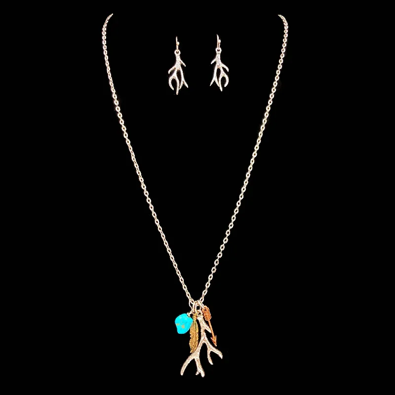 Best necklaces and pendants with cross pendants for a spiritual, meaningful symbol-Deer Antler Feather Arrow Turquoise Chain Necklace