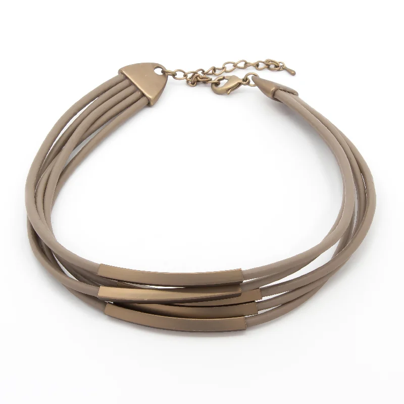 Stylish necklaces and pendants with diamonds for a glamorous and elegant look-Five Layer Leather Choker Bronze Metal Accent Brown