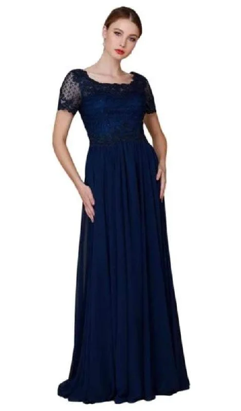 Plus size dresses for long days support fully -Nox Anabel - Lace Applique Short Sleeve Top Chiffon Dress Y514 - 2 pcs Navy Blue In Sizes XL and 3XL Available